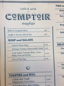 10 Bucket List Worthy Places to Eat, Shop, and See in London! Comptoir Cafe And Wine Lunch Menu - #London #ComptoirMayFair #LondonMayfair #LondonTravel #CafeWine