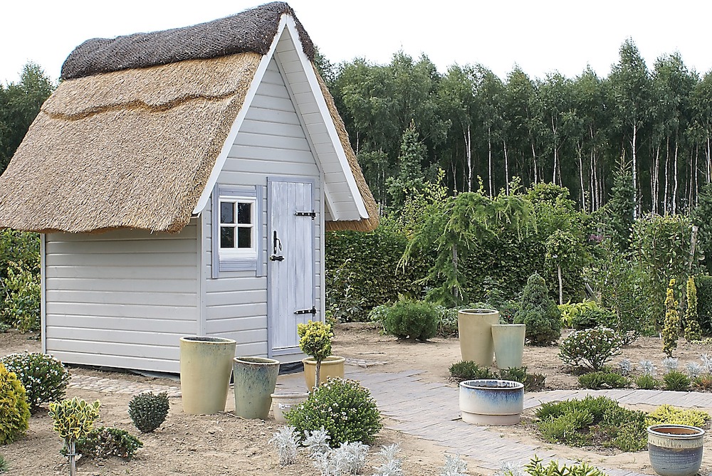 Downsize to Less Grass Small Cottage Shed with Pathway and Shrubs #MinimizeLawn #ShrinkYourLawn #SmallerLawn #LessGrassLawn #DownsizeYourLawn