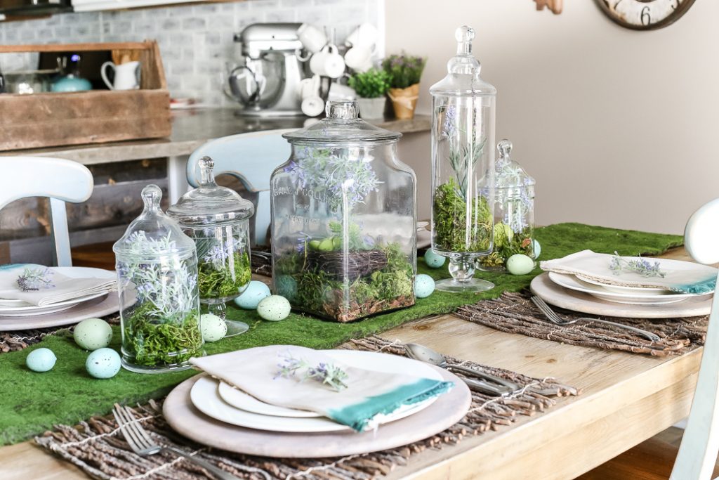 9 DIY Easter Decor Ideas for a Coastal Home - Apothecary Jar Terrarium Easter Centerpiece #DIY #DecorDIY #EasterDecorDIY #CoastalHome #EasterCoastalHome 