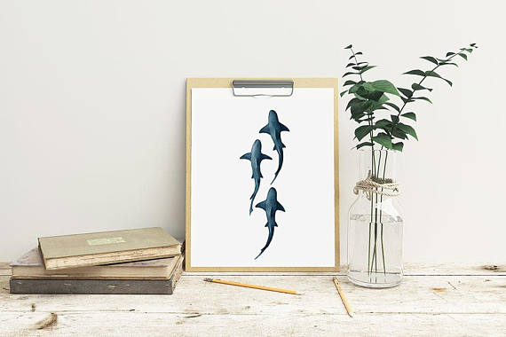 10 Cool Ways to Let Some Shark! Into Your Home - School of Sharks Print #sharkweek #shark #beachdecor #beachhouse #coastaldecor