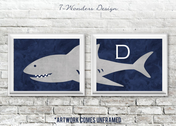 10 Cool Ways to Let Some Shark! Into Your Home - Monogrammed Kid's Shark Wall Art #sharkweek #shark #beachdecor #beachhouse #coastaldecor