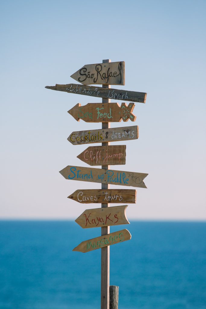 Summer Fun DIY Beach Directional Sign Albufeira, Portugal (photo By Marten Bjork) #DIY #SummerFun #SummerActivities #DIYBeach #DirectionalSigns #BeachSigns #Portugal #Beaches #BudgetFriendly #FrugalLiving #Frugal