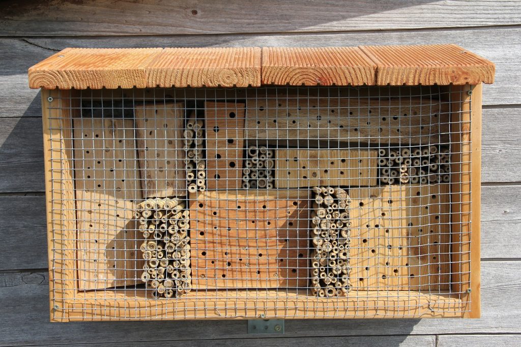 How to Build Bee Hotels for Solitary Bees Bee Hotel With Wooden Roof And Screen #BeeFriendly #Wildlife #HabitatforWildlife #ShelterforWildlife #BeneficialWildlife #SaveTheBees #BeeHotels #NativePlants #BeneficialPollinators 