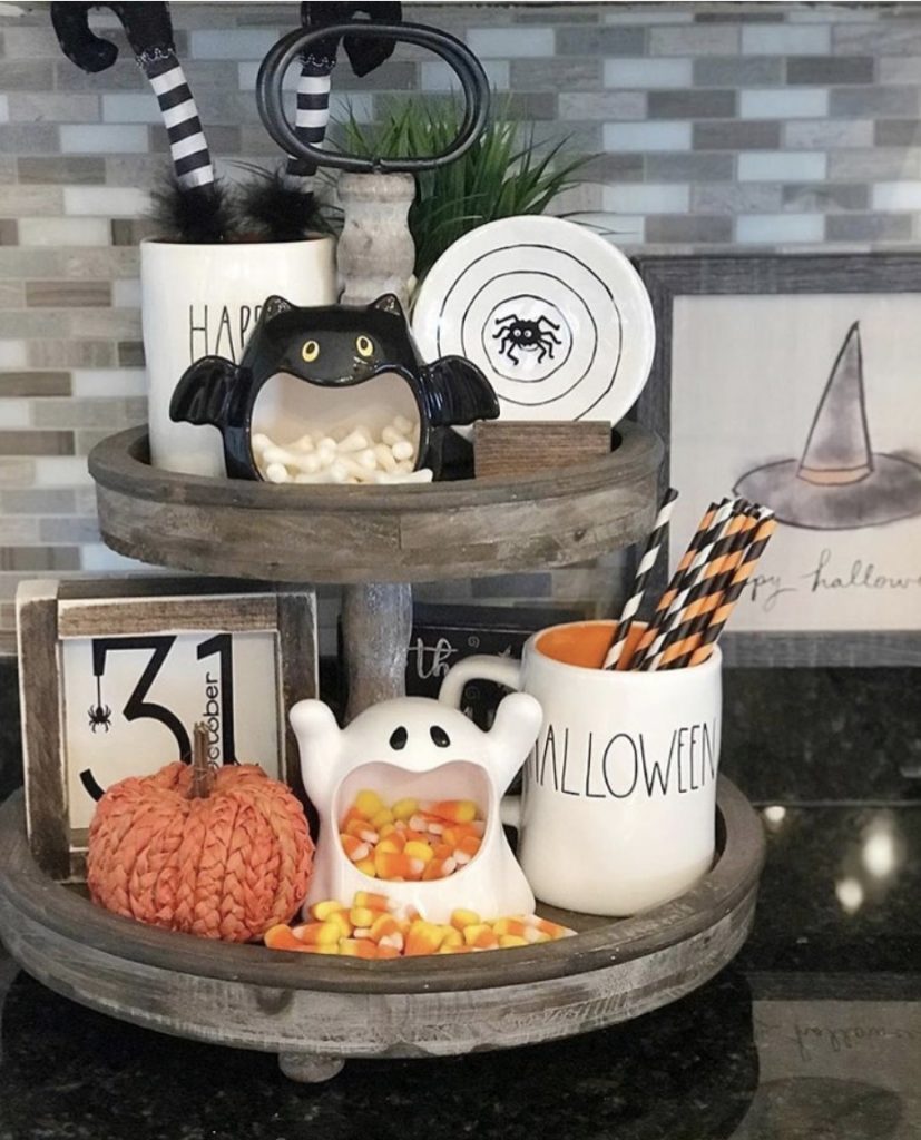 How to Style a Tiered Tray For Quick and Easy Decor Halloween Decor Linda At Life On Summerhill #TierStand #TieredStand #TieredTrays #Farmhouse #Decor #HomeDecor #Decorate #Vignette #DIY #BudgetFriendly #KidFriendly