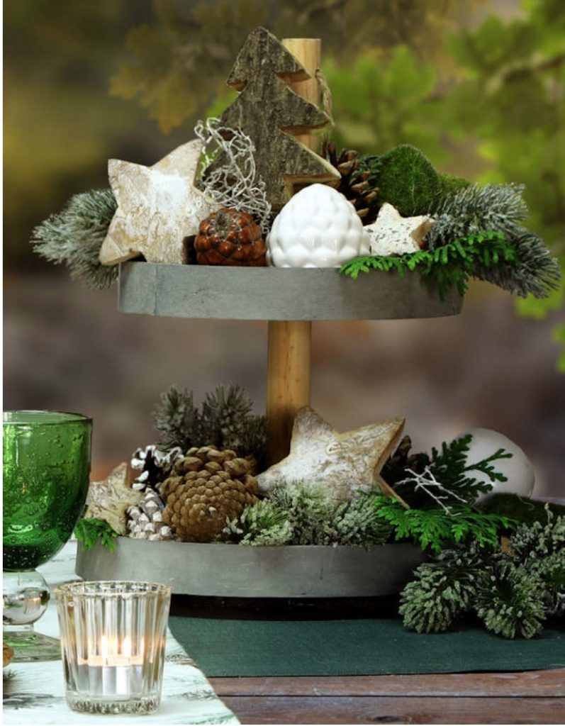 How to Style a Tiered Tray For Quick and Easy Decor Tischdecken Kaufer Christmas Tree Forest Display #TierStand #TieredStand #TieredTrays #Farmhouse #Decor #HomeDecor #Decorate #Vignette #ChristmasTreeVignette #DIY #BudgetFriendly #KidFriendly