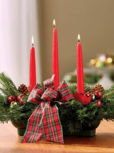 28 Christmas Centerpieces to Welcome House Guests Balsam Centerpiece 3 Candles Scottish Highland Bow #Gifts #Centerpiece #ChristmasCenterpiece #Christmas #Decor #ChristmasEvergreens