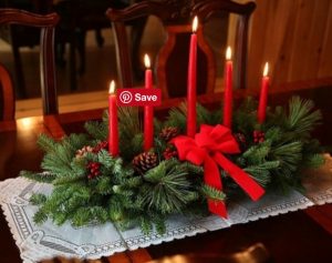 28 Christmas Centerpieces to Welcome House Guests Classic 5 Candle Centerpiece #Gifts #Centerpiece #ChristmasCenterpiece #Christmas #Decor #ChristmasEvergreens