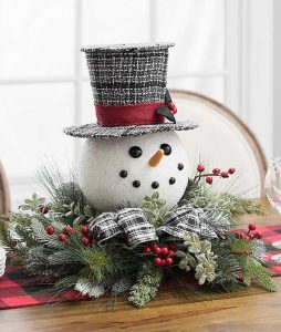 28 Christmas Centerpieces to Welcome House Guests Pine And Snowman Floral Arrangement #Gifts #Centerpiece #ChristmasCenterpiece #Christmas #Decor