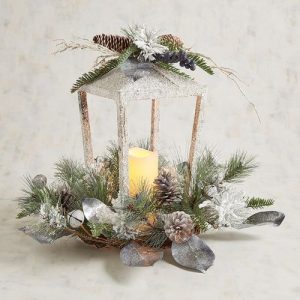 28 Christmas Centerpieces to Welcome House Guests White Silver Lantern With LED Flameless Candle #Gifts #Centerpiece #ChristmasCenterpiece #Christmas #Decor