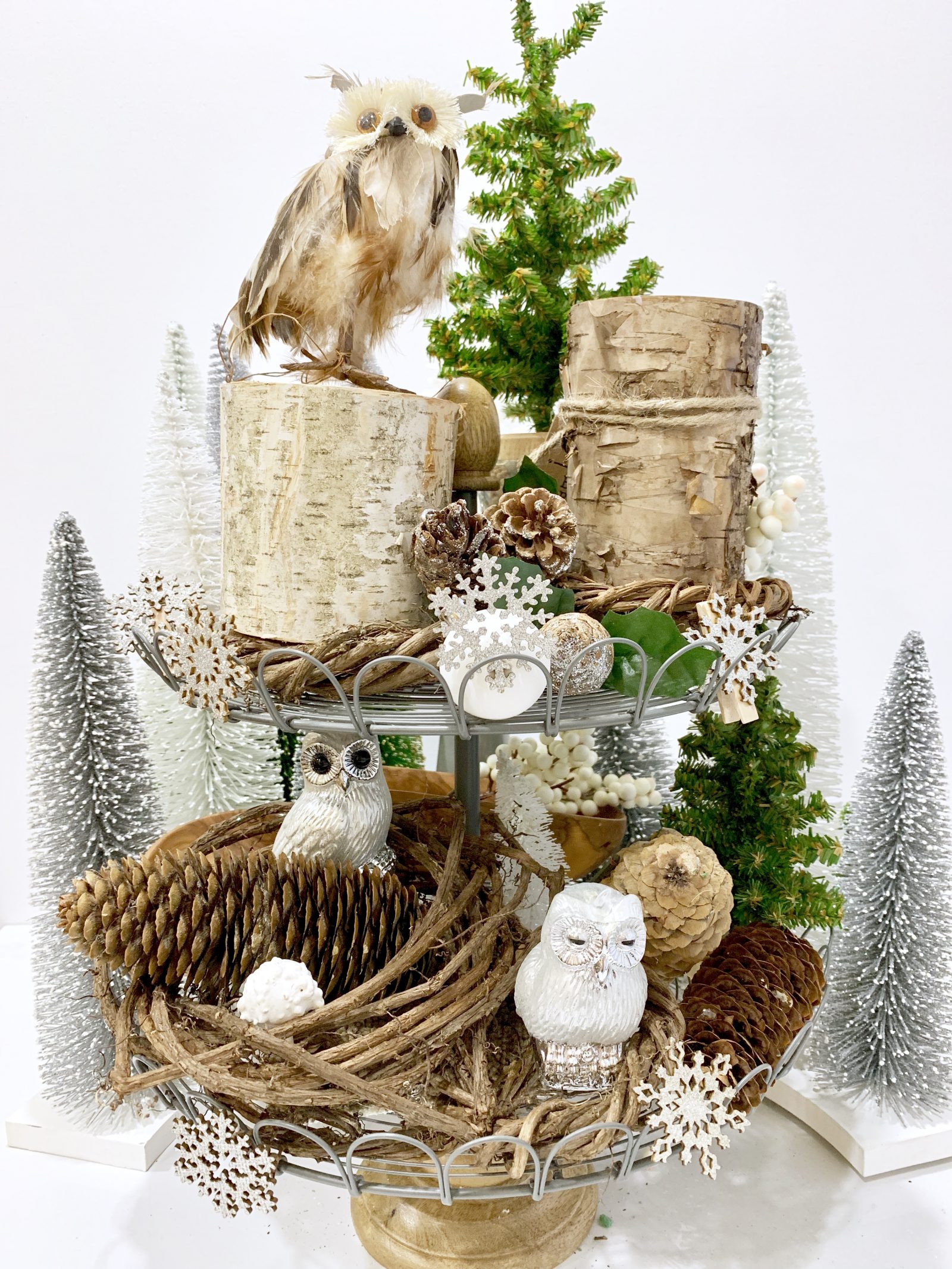 How to Style Your Tiered Stand for Christmas The Natural Beauty of the Christmas Woodlands #Farmhouse #Affordable #BudgetFriendly #Christmas #DIY #ChristmasDecor #FarmhouseDecor