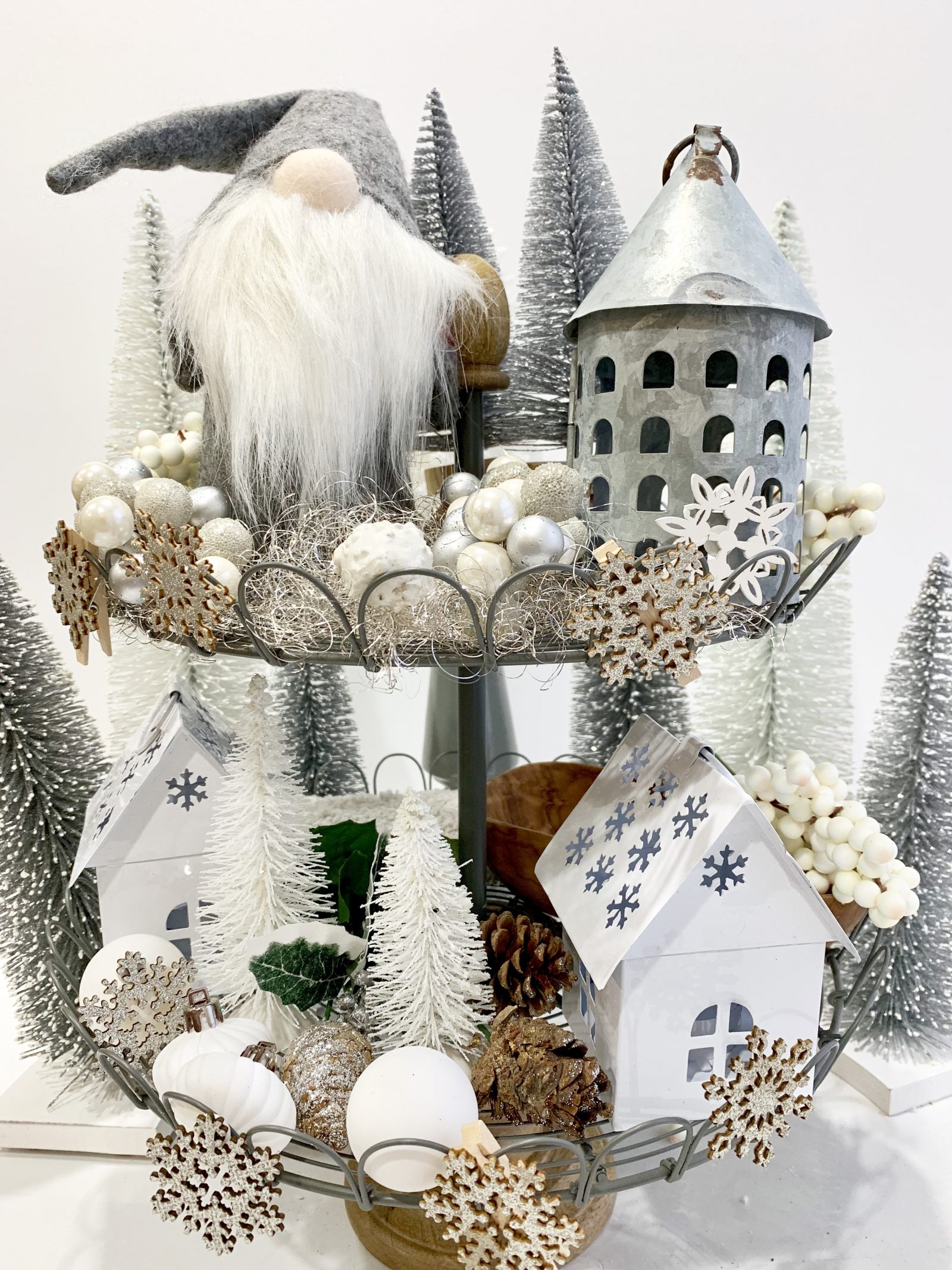 How to Style Your Tiered Stand for Christmas Tomte Watching Over the Family #Farmhouse #Affordable #BudgetFriendly #Christmas #DIY #ChristmasDecor #FarmhouseDecor