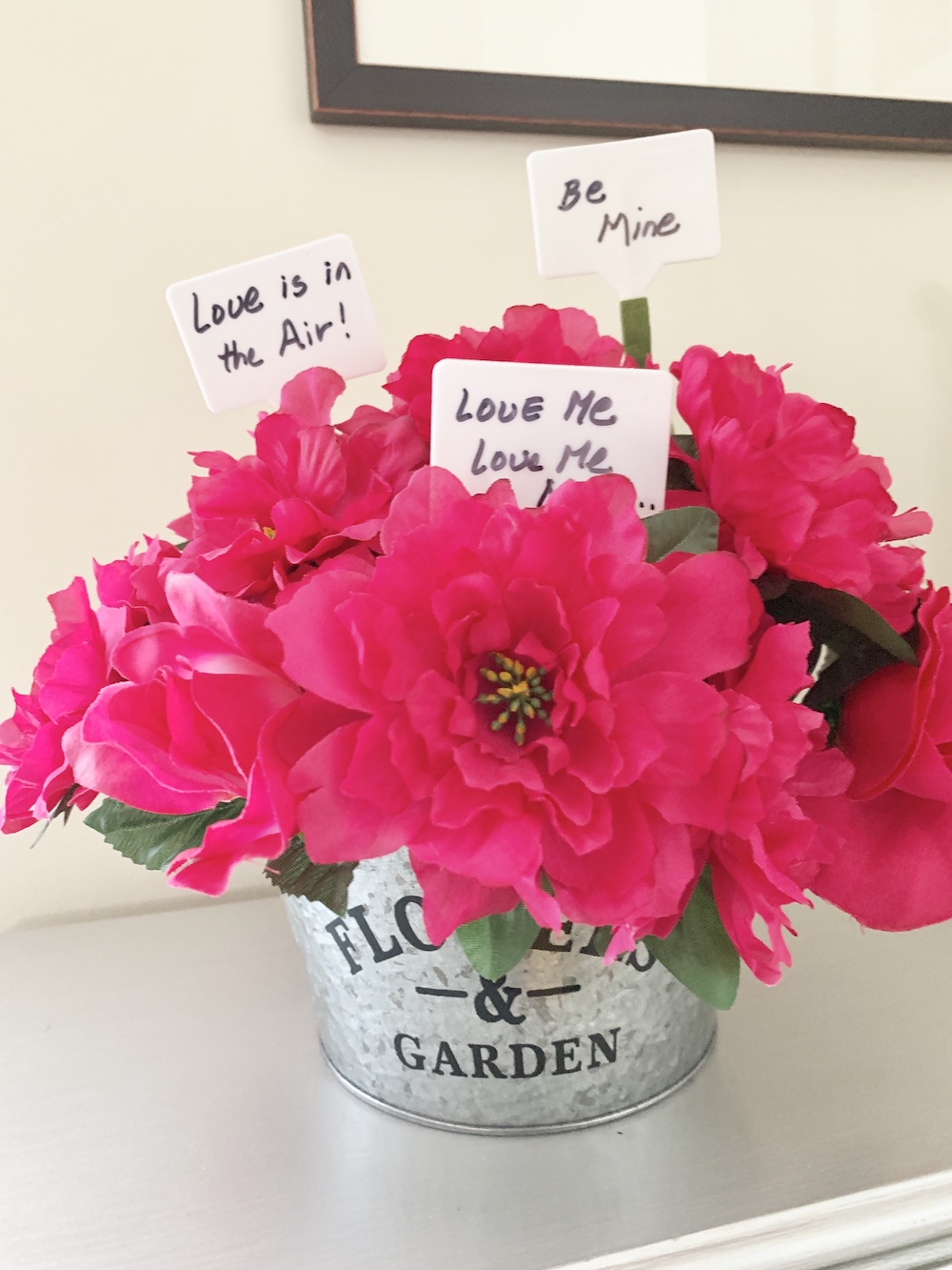 Valentine’s Day Home Decor Messages of Love Floral Bucket #Farmhouse #Affordable #SimpleDecor #QuickAndEasy #BudgetFriendly #Valentine #ValentinesDay #DIY #StValentinesDecor #FarmhouseDecor