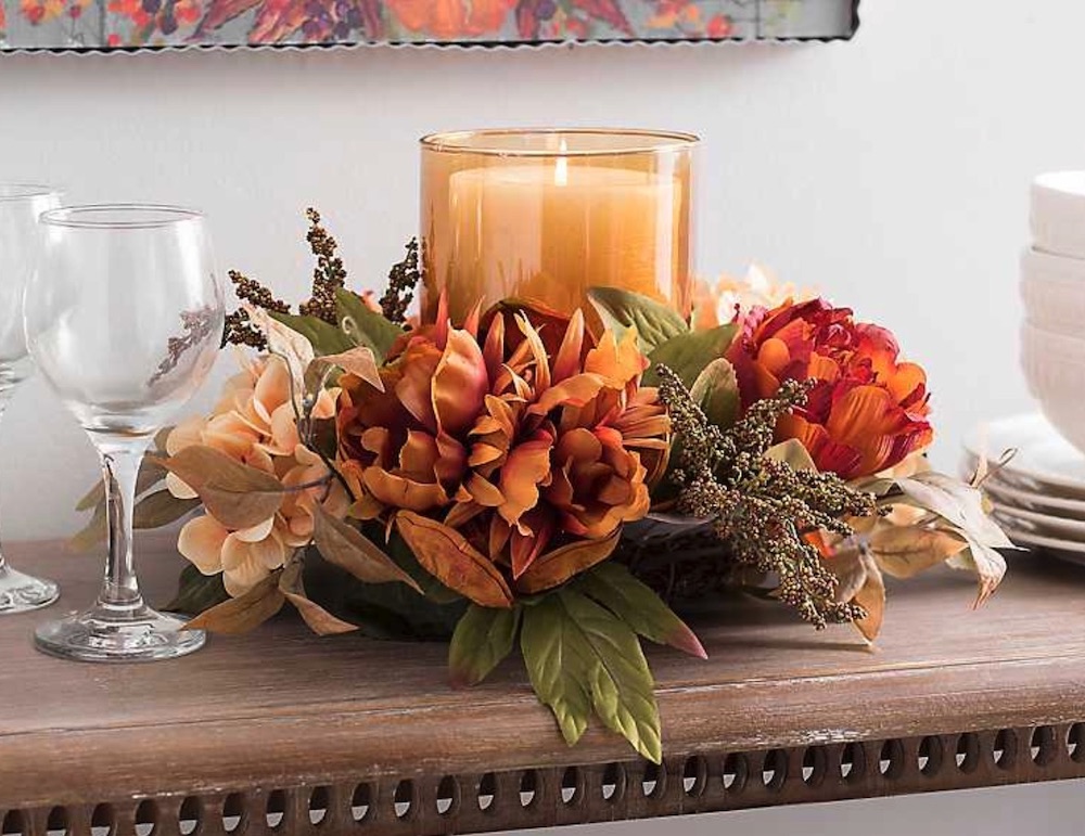 Decor for the Thankful Table Amber Glass Hurricane with Floral Mix #Decor #ThanksgivingDecor #FallCenterpiece #FallDecor #Thanksgiving #ThanksgivingTable #Centerpiece