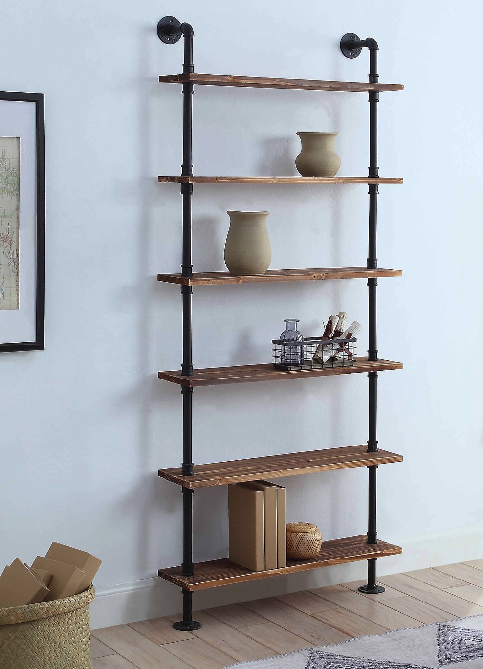 Home Office Storage Annalee Industrial Piping Shelf #Decor #IndustrialDecor #Bookcases #IndustrialBookcases #HomeOffice #HomeStorage #Organization