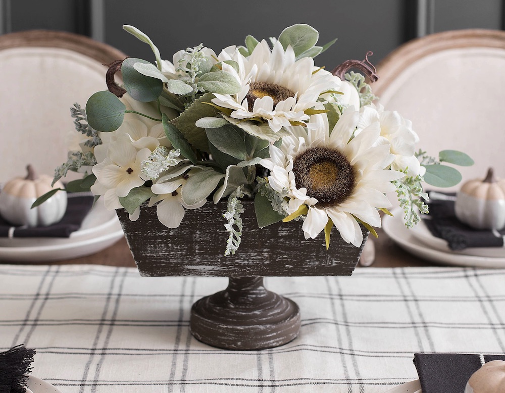 Decor for the Thankful Table Cream Sunflower Arrangement in Decorative Planter #Decor #ThanksgivingDecor #FallCenterpiece #FallDecor #Thanksgiving #ThanksgivingTable #Centerpiece