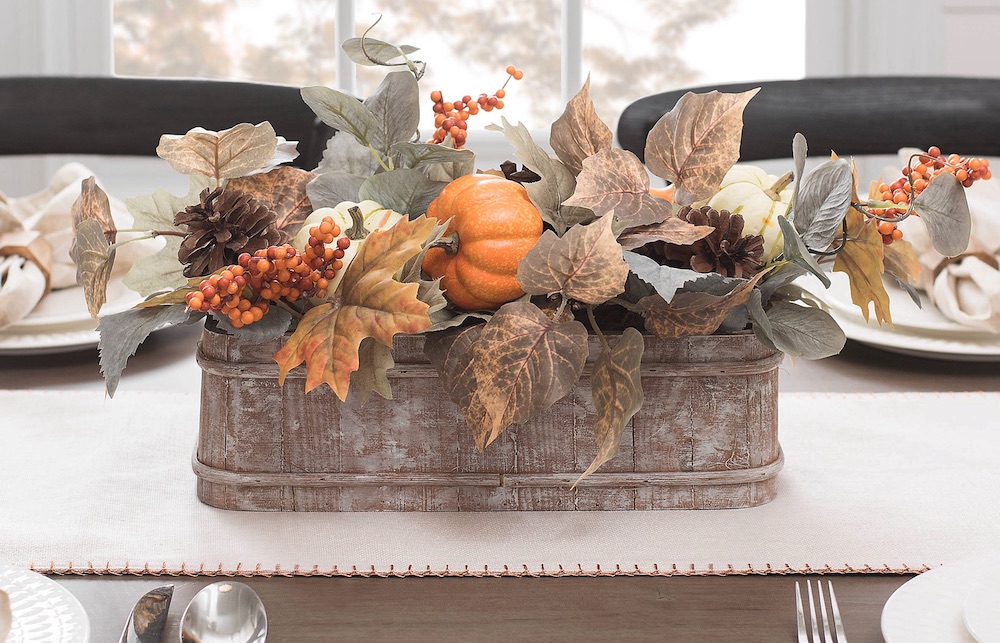 Centerpiece for the Thanksgiving Table Dark Leaves and Pumpkin Arrangement in Wooden Pot #Decor #ThanksgivingDecor #FallCenterpiece #FallDecor #Thanksgiving #ThanksgivingTable #Centerpiece