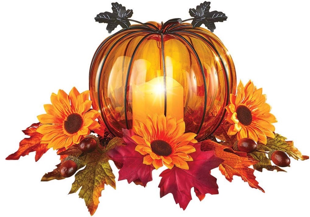 Decor for the Thankful Table Glass Pumpkin Floral Centerpiece with LED Candle #Decor #ThanksgivingDecor #FallCenterpiece #FallDecor #Thanksgiving #ThanksgivingTable #Centerpiece