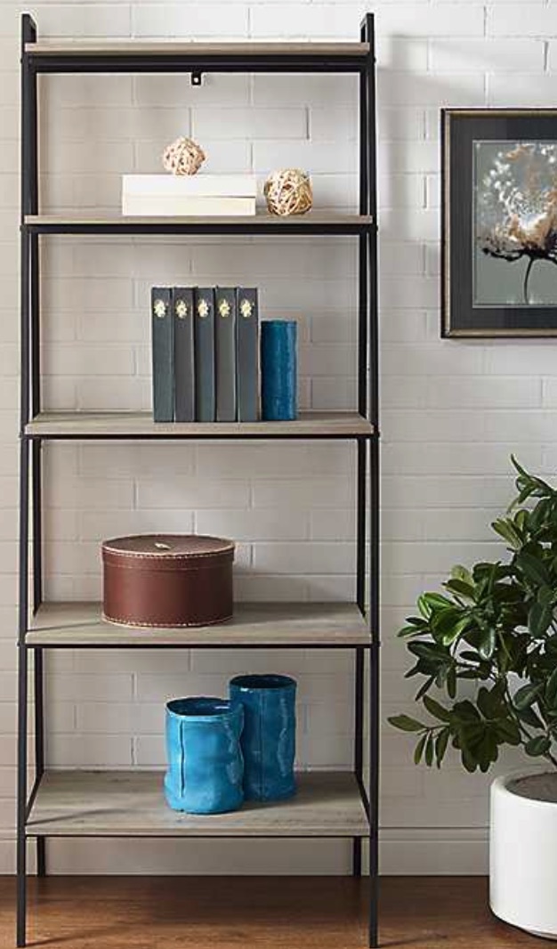 Home Office Organization Gray Wash Industrial Ladder Bookshelf #Decor #IndustrialDecor #Bookcases #IndustrialBookcases #HomeOffice #HomeStorage #Organization
