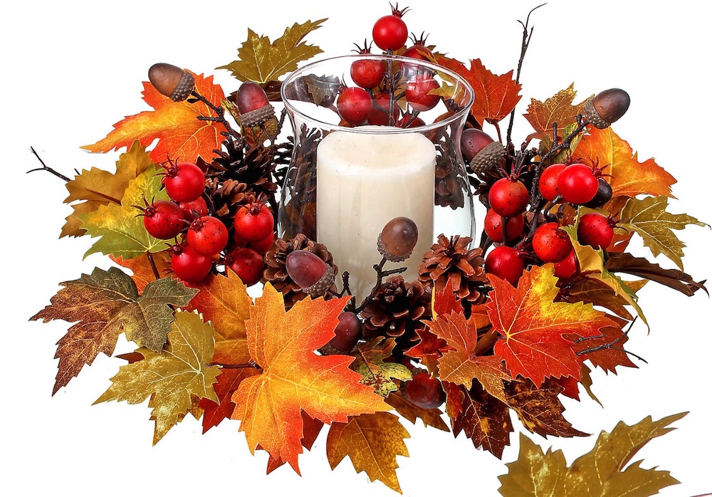 Decor for the Thankful Table Maple Leaves and Berries Centerpiece Candle Holder #Decor #ThanksgivingDecor #FallCenterpiece #FallDecor #Thanksgiving #ThanksgivingTable #Centerpiece