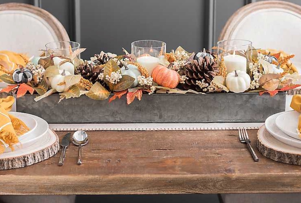 Thanksgiving Centerpiece for the Thanksgiving Table Pumpkins and Leaves Galvanized Centerpiece #Decor #ThanksgivingDecor #FallCenterpiece #FallDecor #Thanksgiving #ThanksgivingTable #Centerpiece