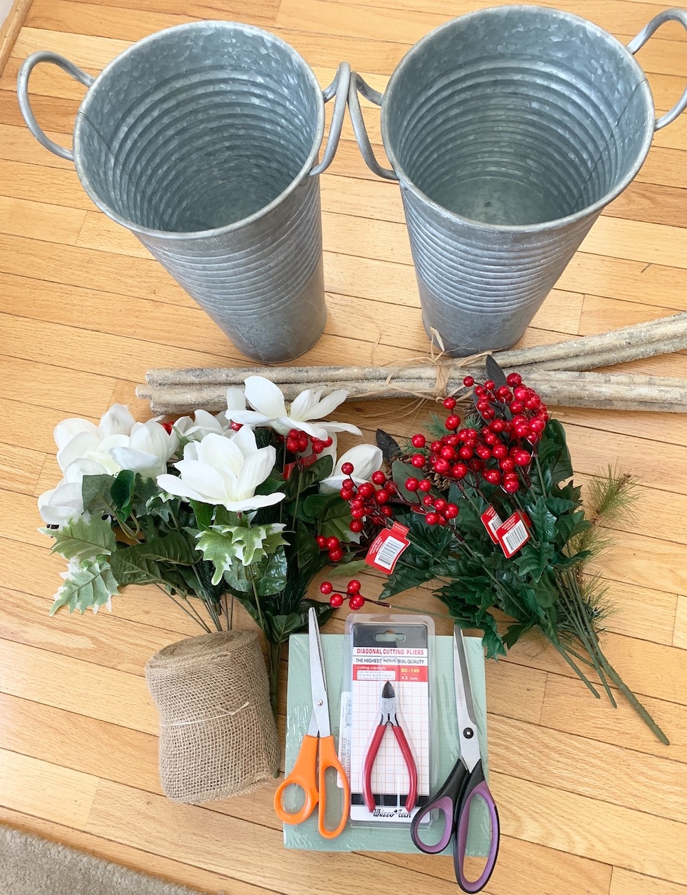 How to Decorate French Floral Buckets for Christmas Galvanize Bucket Supplies #DIY #DIYChristmasDecor #ChristmasDecor #ChristmasEntrywayDecor #DIYFrenchFloralBucketDecor #FrenchFloralBucketDecor #GalvanizedFloralBucketDecor #DecorTutorial