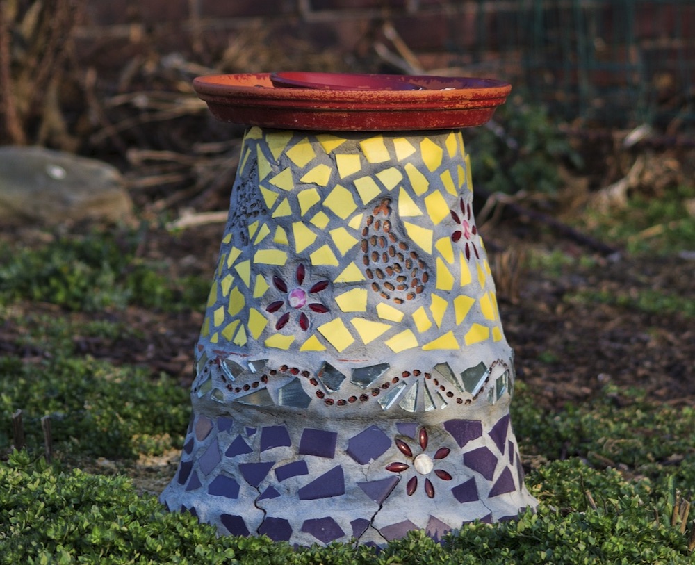 DIY Birdbath Plant Saucer supported by a Plant Container #Wildlife #NativePlants #Gardening #AttractBirds #WaterSourceForBirds #WaterForWildlife #BeneficialForPollinators #GardeningForPollinators 