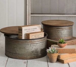 Simple Farmhouse Storage Solutions Rustic Metal Round Bins with Lids #Farmhouse #Storage #Organization #FarmhouseStorage #CountryStyleStorage #CountryDecor #FarmhouseOrganization #CountryStyle #VintageStyle