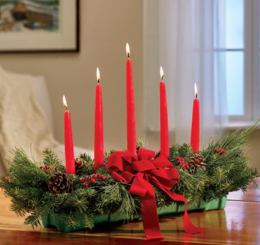 A Traditional Holiday Table Classic Balsam 5-Taper Centerpiece by Vermont Country Store #FreshFlowers #flowerdelivery #Centerpiece #OnlineFlowers #FlowersOnline #ChristmasCenterpieces #ChristmasTableCenterpiece #ChristmasFlowers