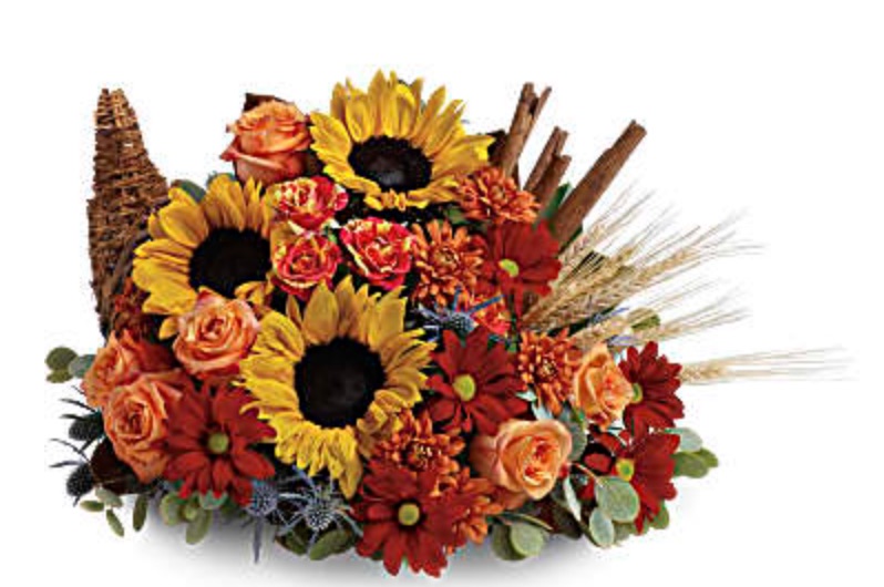 The Autumn Table Classic Cornucopia by Teleflora #FreshFlowers #flowerdelivery #bouquets #OnlineFlowers #FlowersOnline #AutumnFlowers #FallFlowers #ThanksgivingFlowers