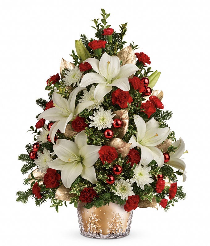 Best Fresh Tabletop Christmas Trees Golden Elegance Christmas Tree by From You Flowers #FreshMiniTree #MiniChristmasTree #TabletopChristmasTree #OnlineFlowers #ChristmasTrees #ChristmasTabletopTree 