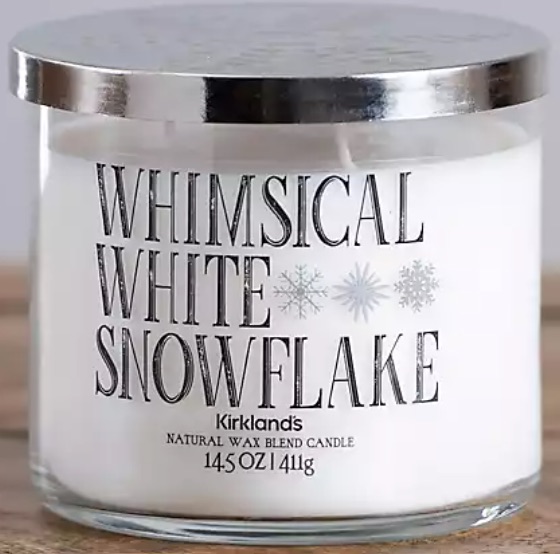 Holiday Fragrances Whimsical White Snowflake Triple Wick Jar Candle #ChristmasCandles #CandlesForTheHome #FragrantHome #ChristmasFragrances #HolidayFragrances