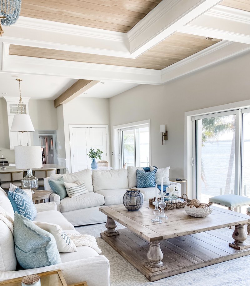 Add Coffered Ceilings with Tongue and Groove boards #Coastal #CoastalDecor #LivingRoom #CoastalLivingRoom #BeachHouse #BeachHome #LakeHouse #CoastalDecor #SeasideDecor #IslandDecor #TropicalIslandDecor 