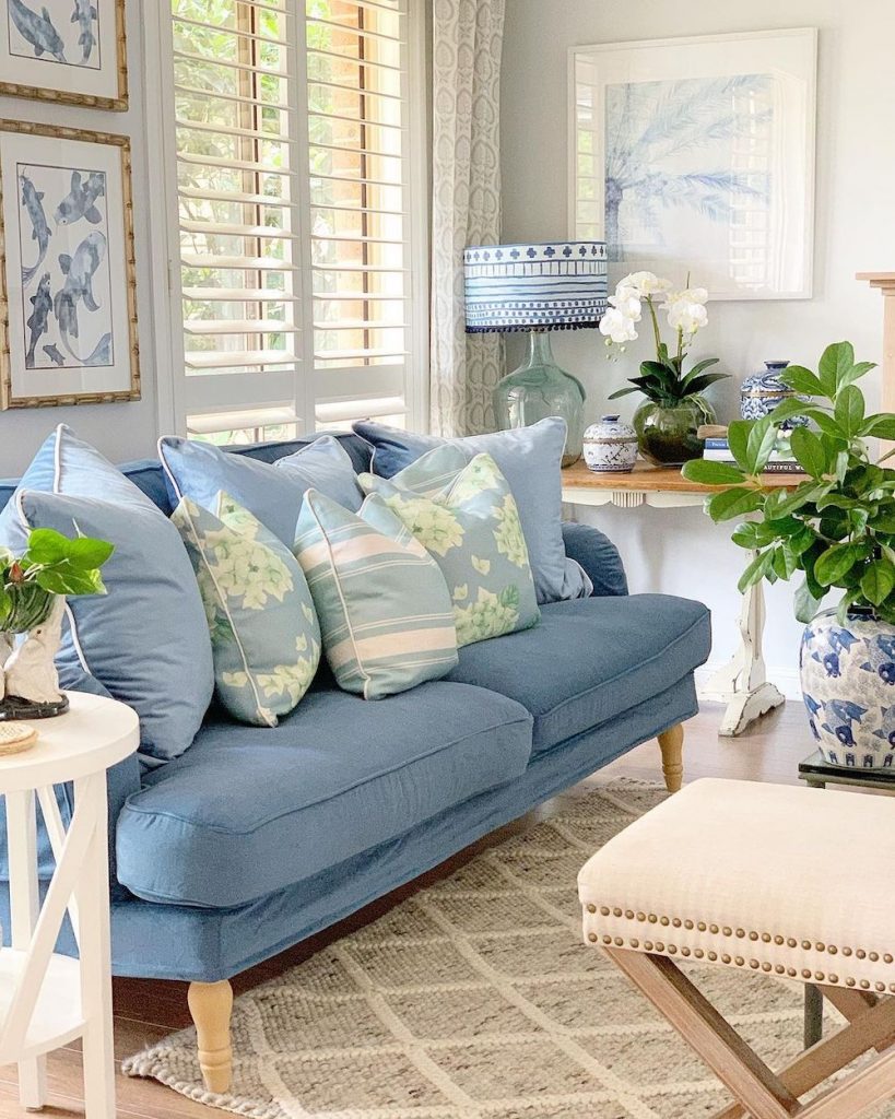 Cool and Calmness Blue Sofa #Coastal #CoastalDecor #LivingRoom #CoastalLivingRoom #BeachHouse #BeachHome #LakeHouse #CoastalDecor #SeasideDecor #IslandDecor #TropicalIslandDecor 