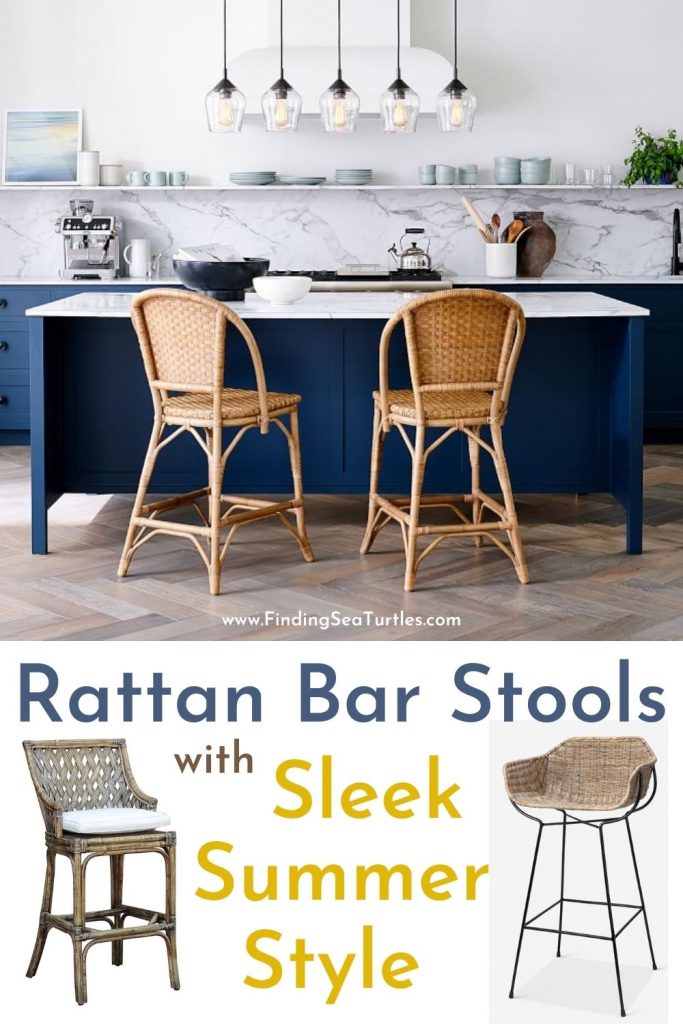 Rattan Bar Stools with Sleek Summer Style #BarStools #CoastalBarStools #Coastal #CoastalDecor #HomeDecor #KitchenBarStools #BeachHouse #SummerHouse #LakeHouse #CoastalHome