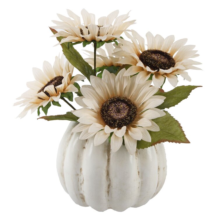 Fall Home Decor Sunflower Floral Arrangement in Pumpkin Pot Wayfair #Fall #HomeDecor #Harvest #AutumnDecor #Pumpkins