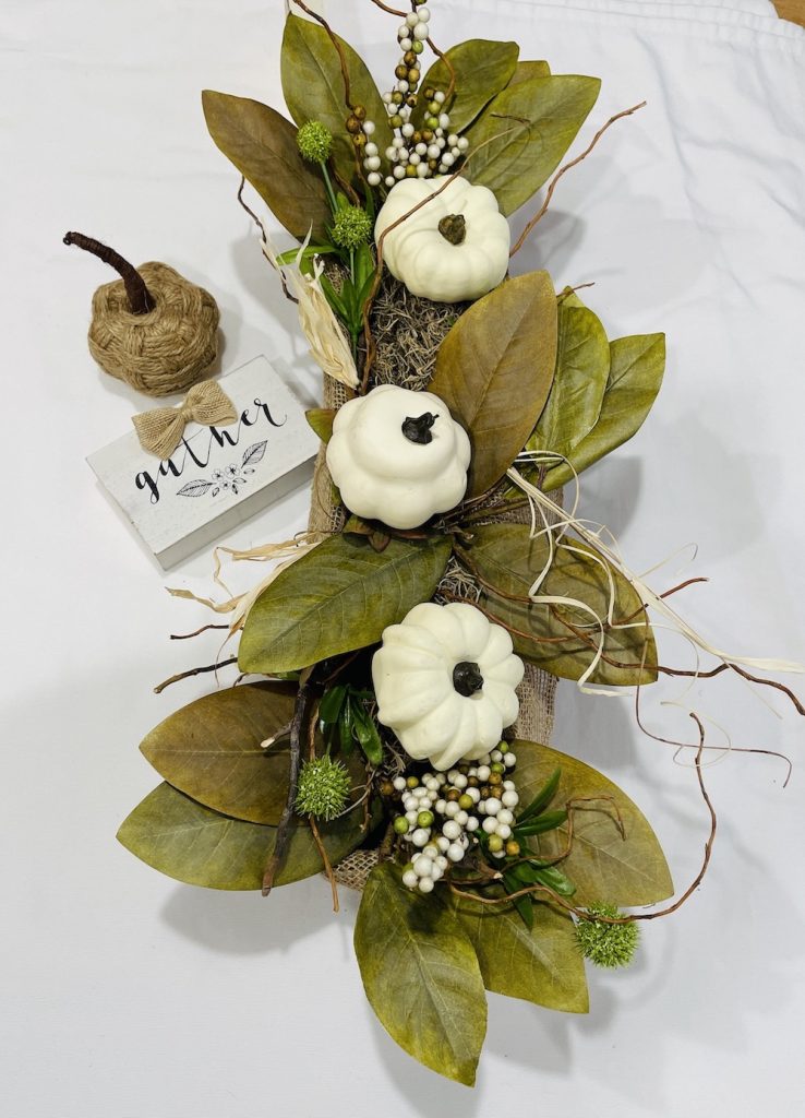 Trio of White Pumpkins Centerpiece_1730 #DIY #Fall #FallCenterpiece #HomeDecor #TableStyling #Autumn