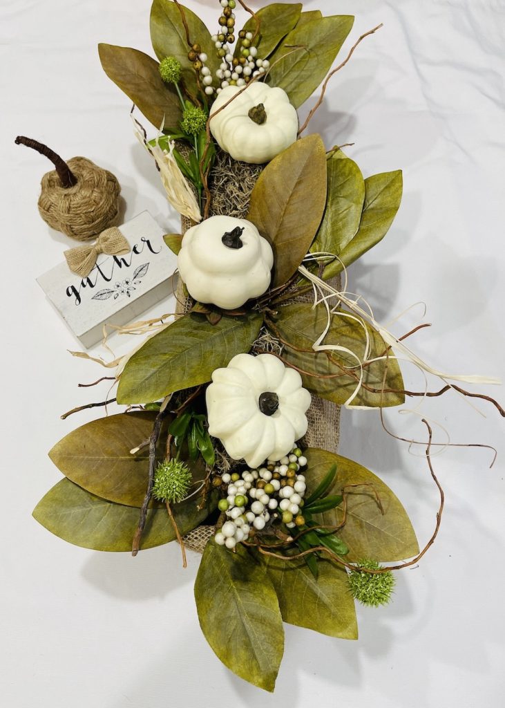 Trio of White Pumpkins Centerpiece_1732 #DIY #Fall #FallCenterpiece #HomeDecor #TableStyling #Autumn