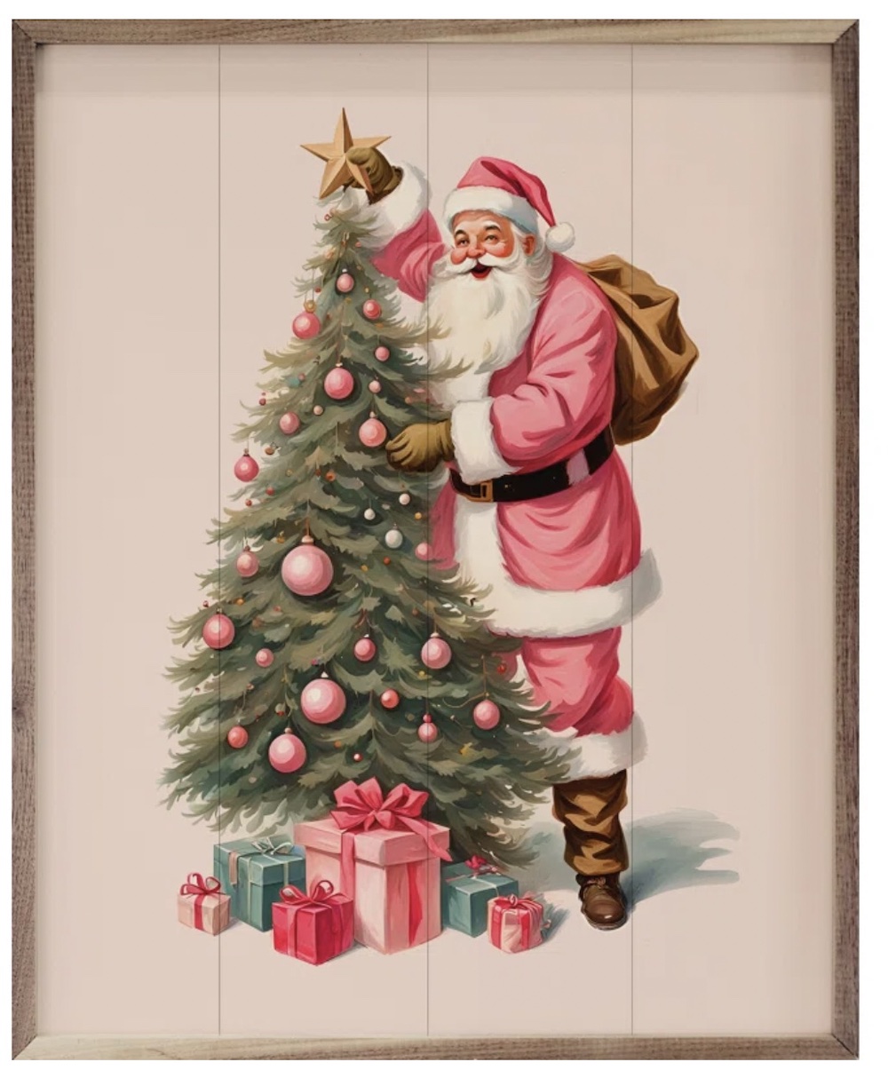 Pink Christmas Gift Ideas Pink Santa With Christmas Tree White #PinkWallArt #PinkChristmasWallArt #PinkChristmasIdeas #PinkChristmasStyling 