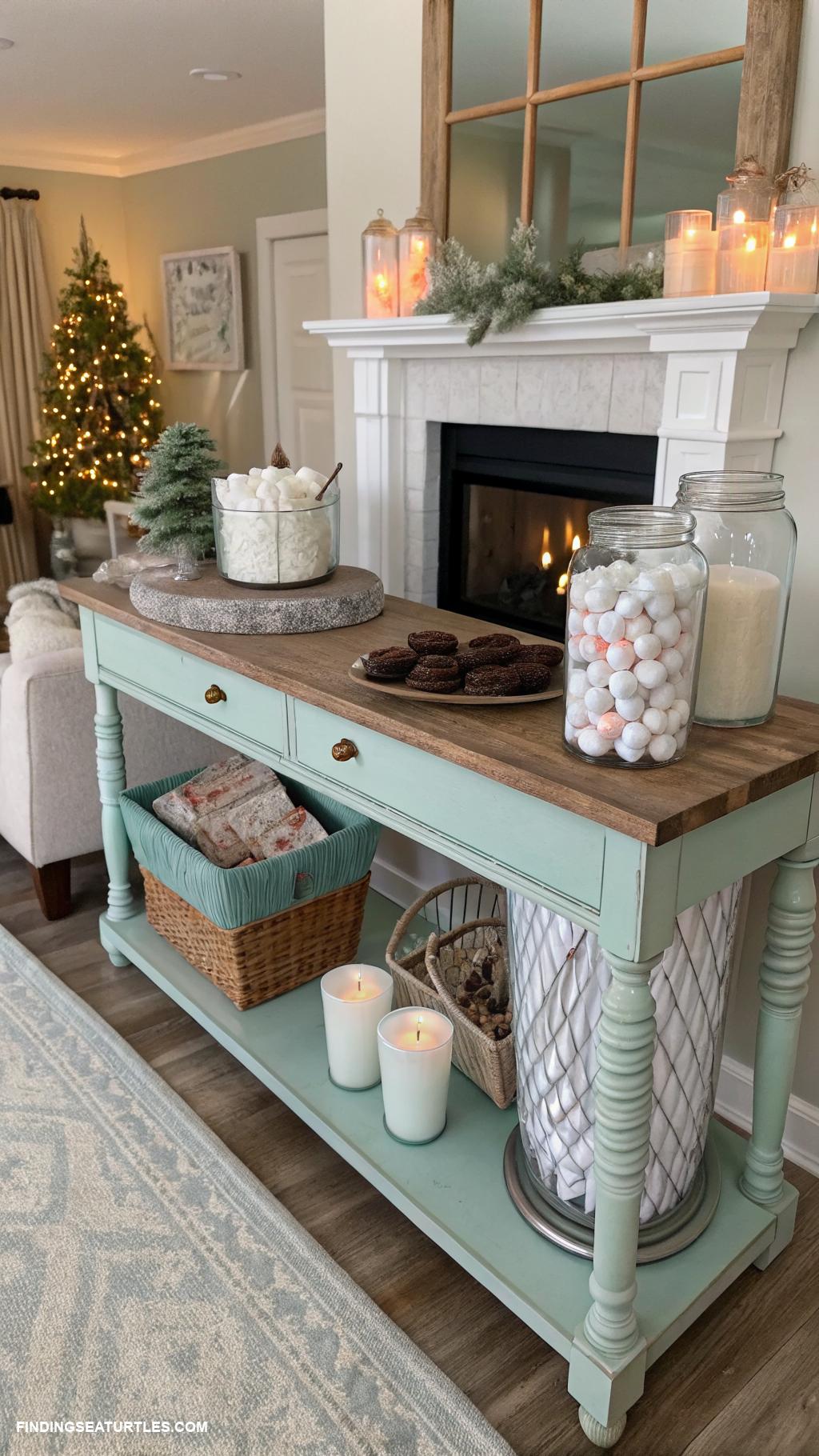 winter-living-room-decor-Hot-cocoa-bar-on-console-table